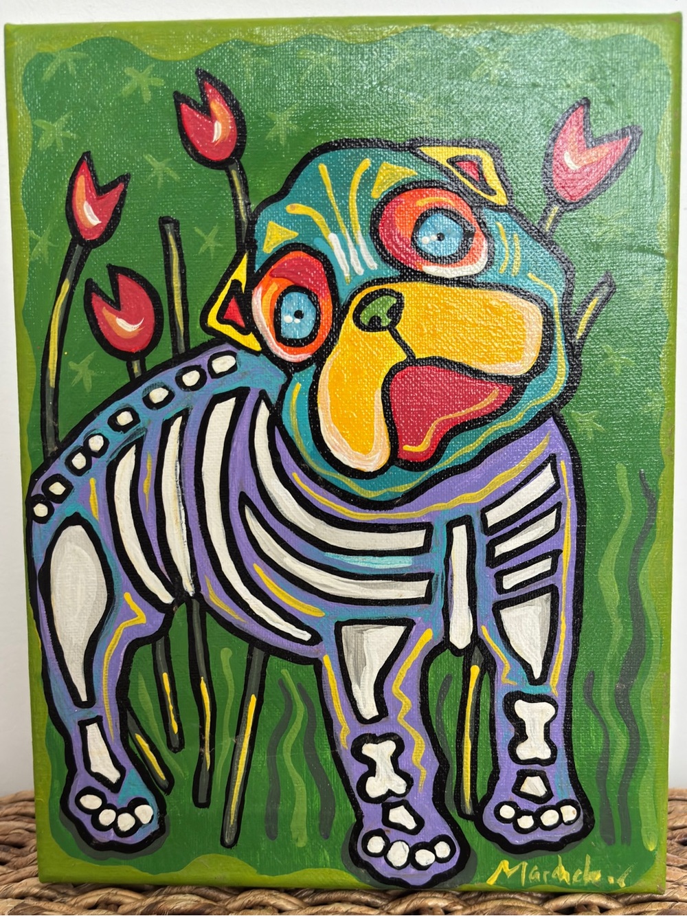 Original French Bulldog Folk Art Oil Painting 9x12 Canvas Whimsical Dog Art OOAK